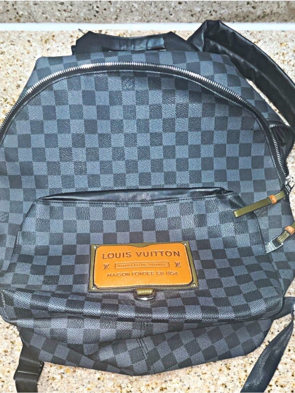 Louis Vuitton Black & Gray Damier Canvas Backpack with Tan Leather Patch